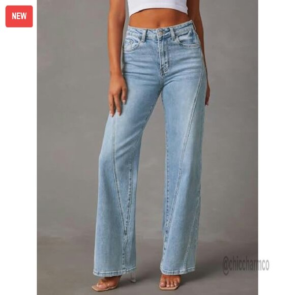 Wide Leg Jeans Mid High Waisted Stretchy Denim Pants Straight Leg Trousers - Picture 4 of 8